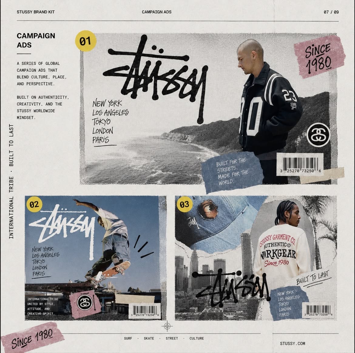Instagram post: Brand-kit page of three streetwear campaign ads with models, skater and city skyline