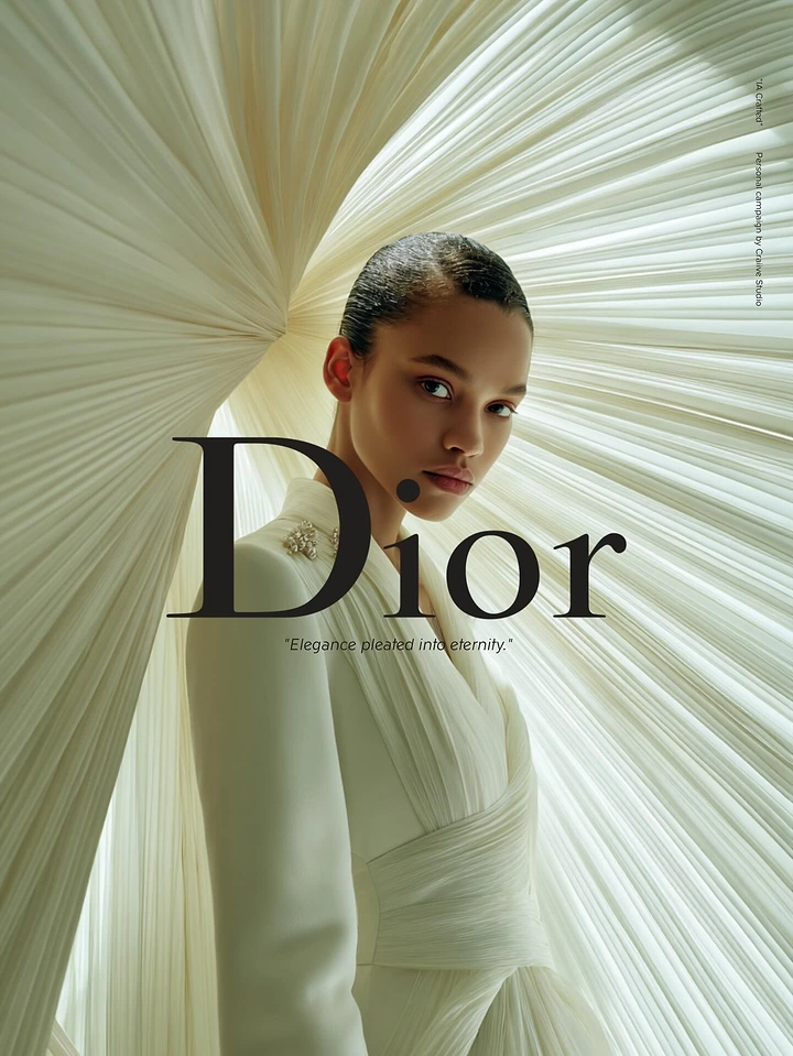 Creative ad: Model in white couture framed by giant pleated fan