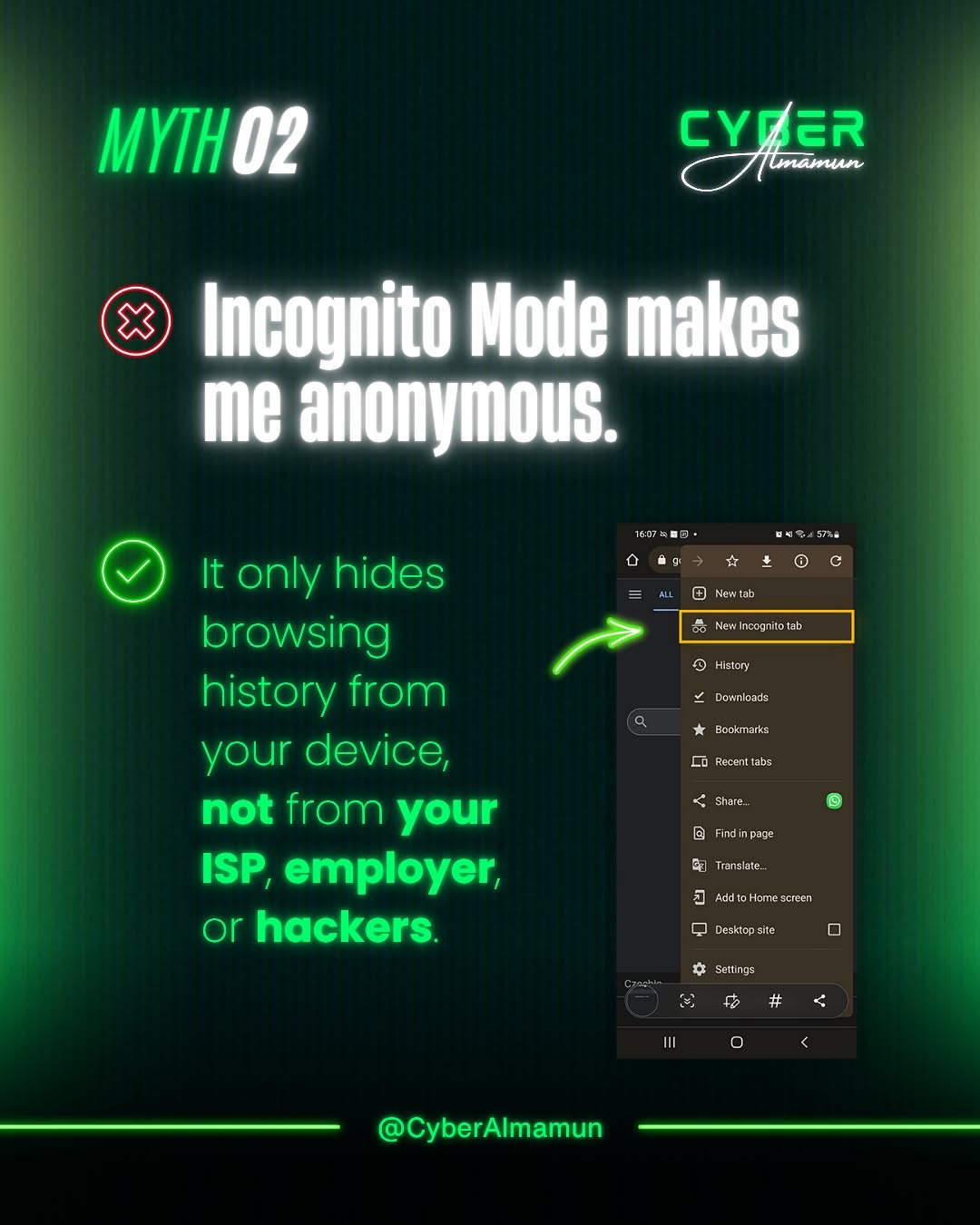 Instagram post: Neon hacker treatment supports myth-busting, slide 3