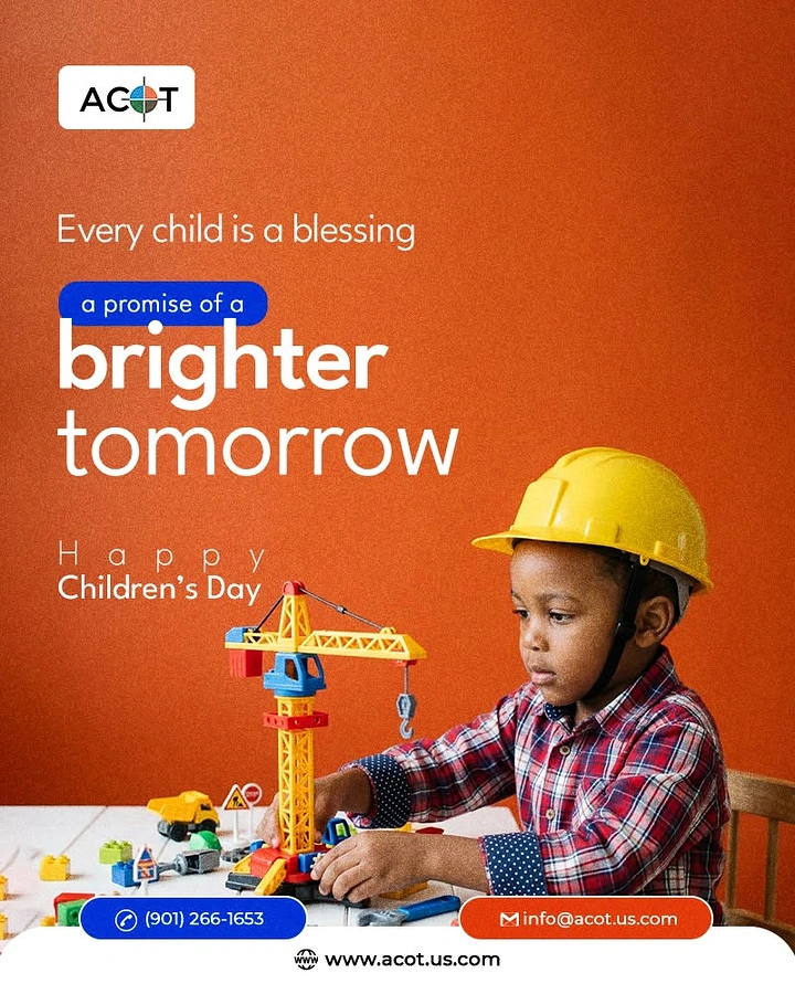 Children's Day creative ad: Young boy in yellow hard hat playing with toy crane