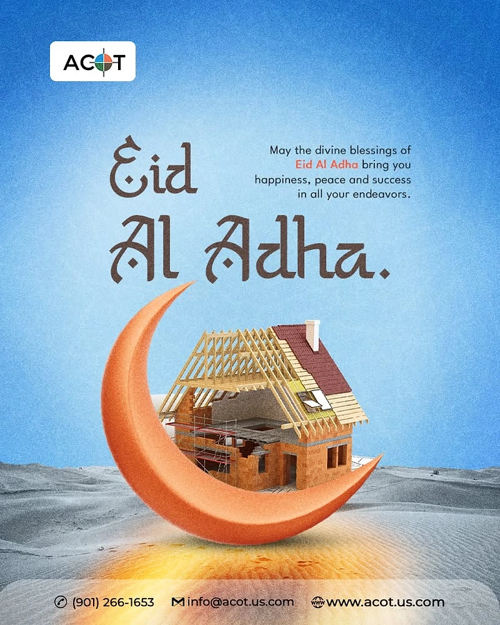 Eid creative ad: Orange 3D crescent moon cradling a cutaway house under construction on desert sand