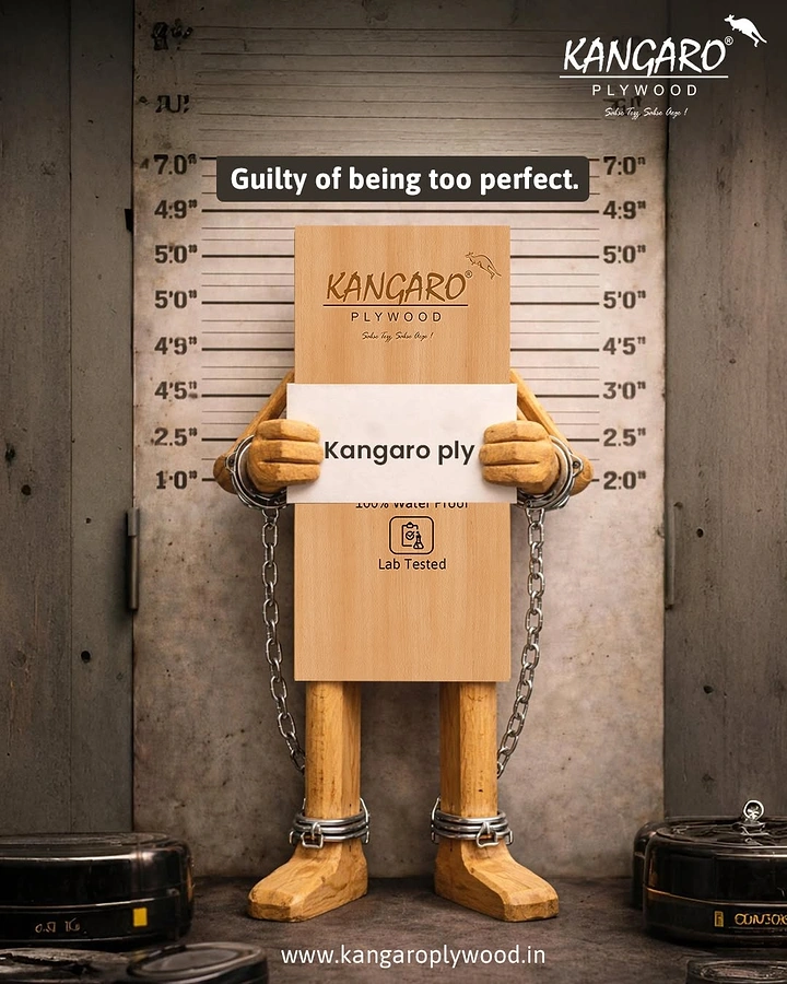 Plywood & Laminates creative ad: Plywood sheet as a carved wooden figure posing for a mugshot in chains
