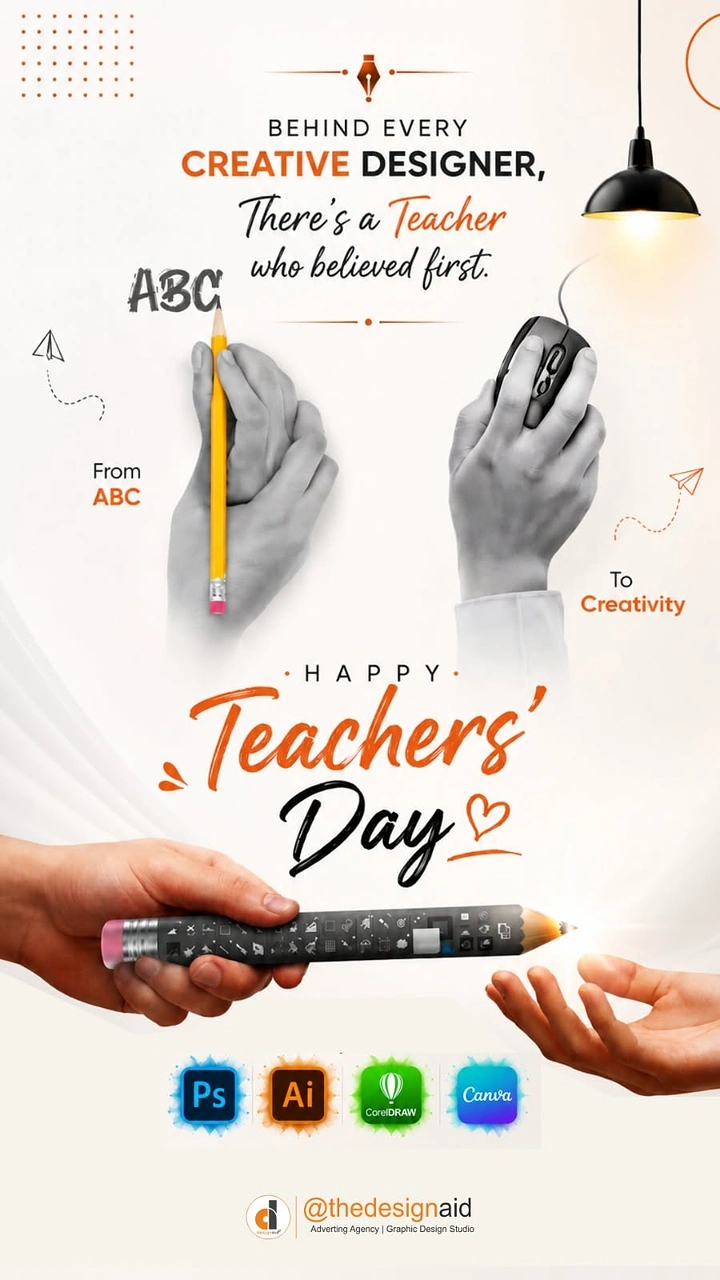 Teachers Day creative ad: Hands passing a pencil printed with design-tool icons