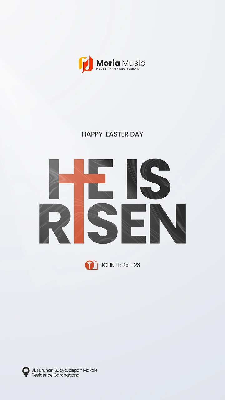 Easter creative ad: Bold 'HE IS RISEN' type with an orange cross built into the letters