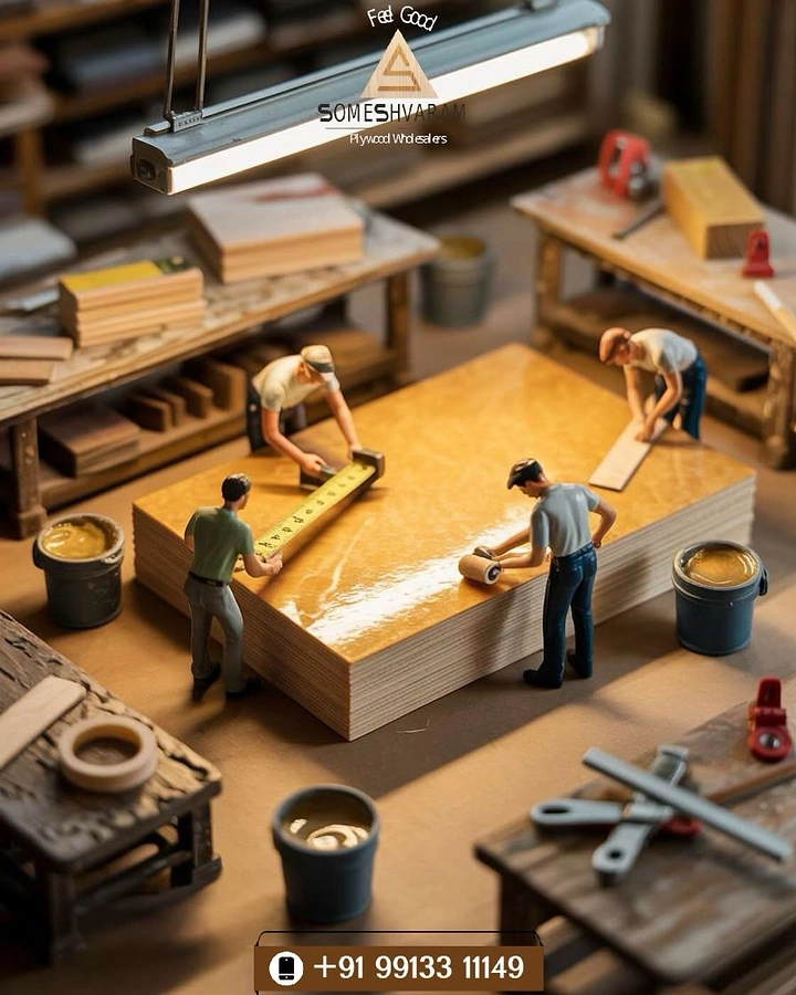 Carpenters & Woodwork creative ad: Miniature carpenters working on plywood sheet