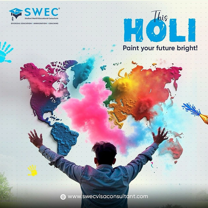 Holi creative ad: Young man from behind, arms raised toward a world map made of Holi colour powder