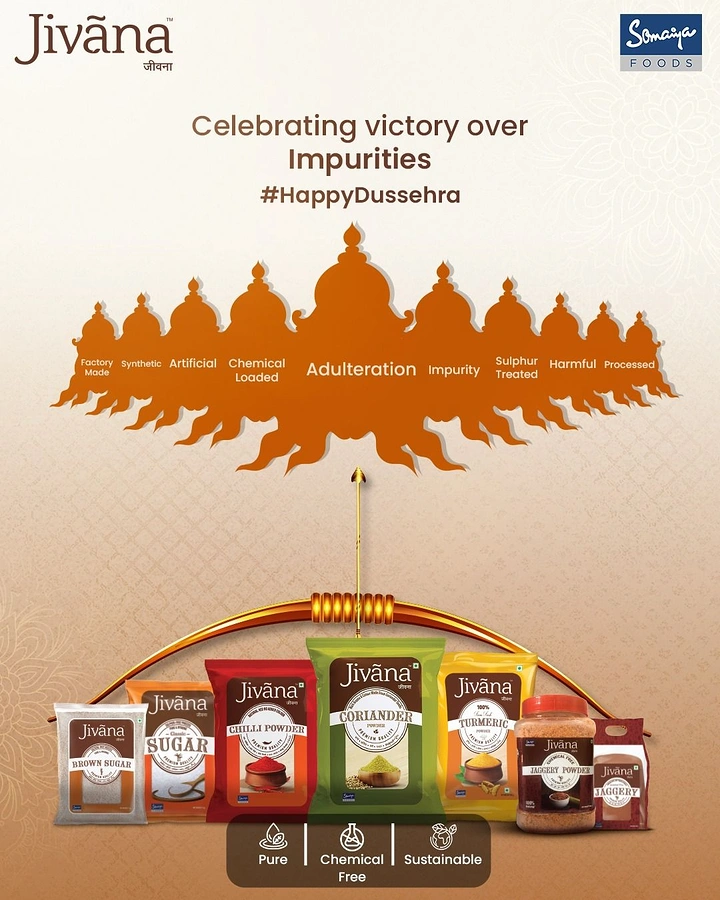 Dussehra creative ad: Ravana-head silhouette labelled with impurities, targeted by an arrow from a bow over product packs