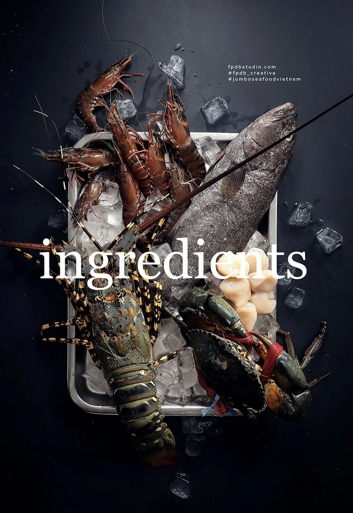 Seafood Restaurants creative ad: Dramatic ingredient specimen composition