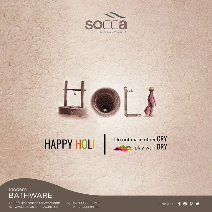Holi creative ad: The word HOLI spelled with a well, a well shaft, a tap pipe and a woman carrying a water pot