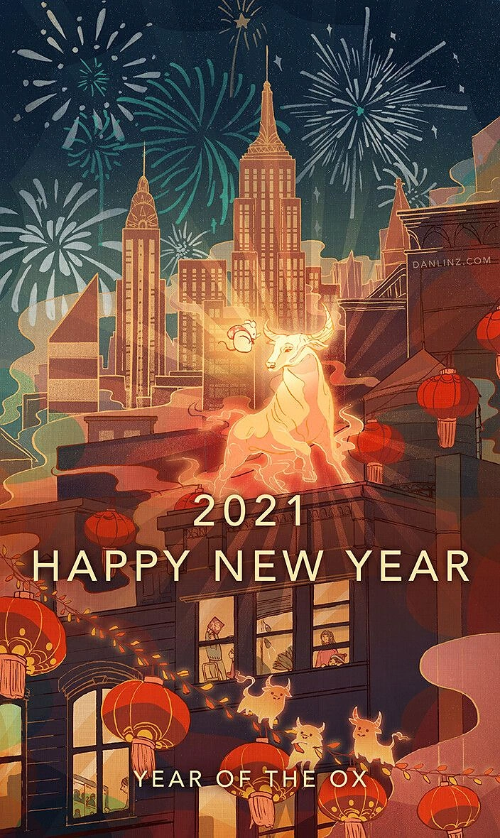 Lunar New Year creative ad: Glowing golden ox on a city rooftop under fireworks