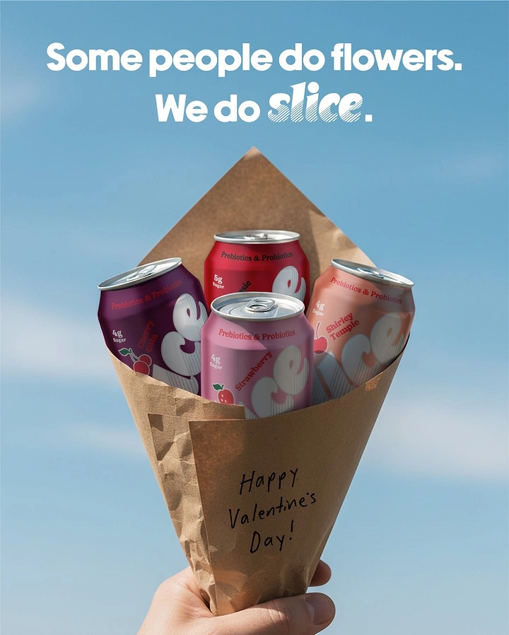Valentine's Day creative ad: Hand holding a kraft-paper bouquet of soda cans