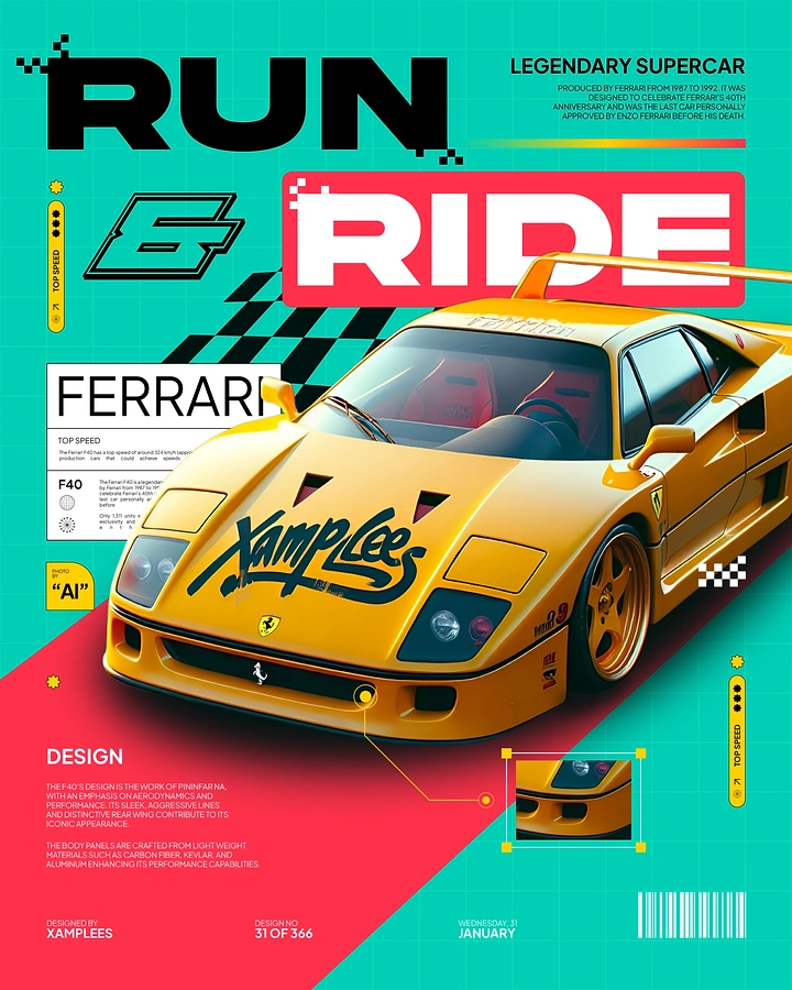 Automotive creative ad: Yellow vintage supercar with a graffiti hood decal