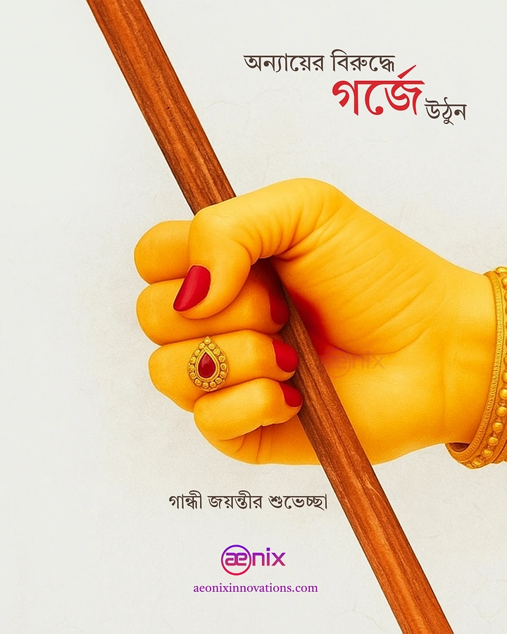 Gandhi Jayanti creative ad: Goddess-style yellow hand gripping a wooden walking staff