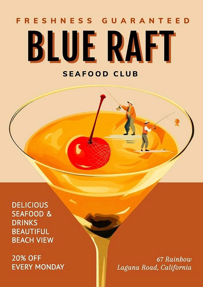 Seafood Restaurants creative ad: Beach scene cleverly contained in cocktail