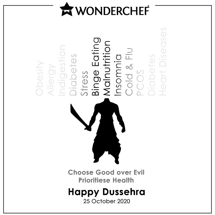 Dussehra creative ad: Black headless warrior silhouette with sword, its ten heads replaced by vertical disease names