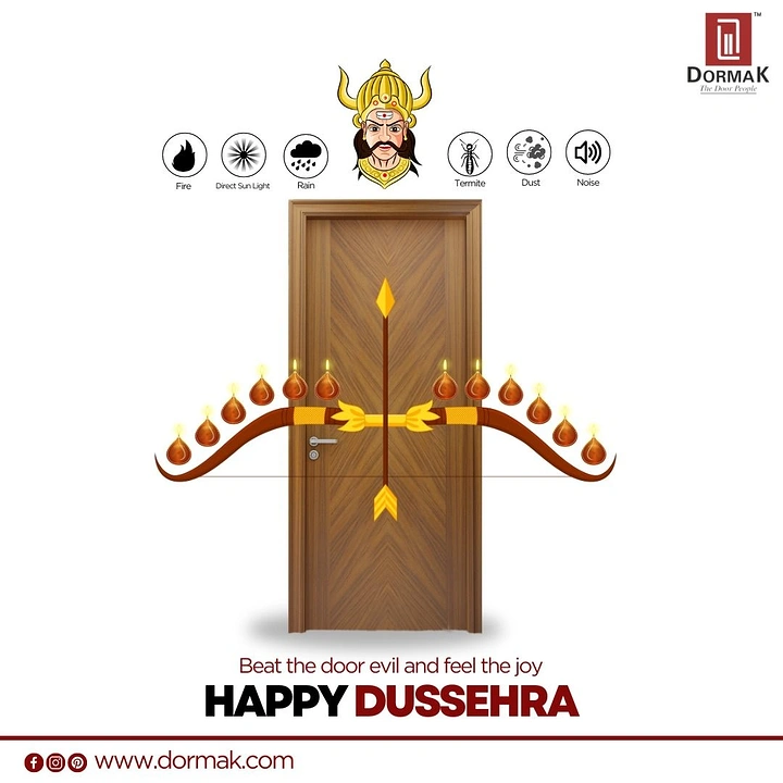 Dussehra creative ad: A wooden door protected by a large golden bow and arrow