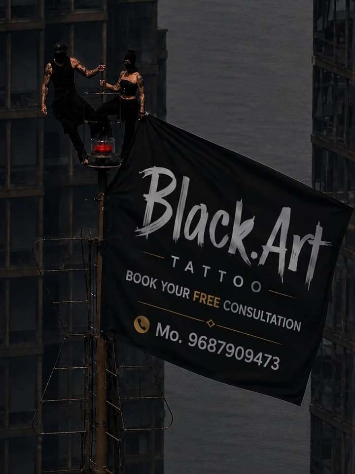 Tattoo Studios creative ad: Brand banner hung from skyscraper stunt