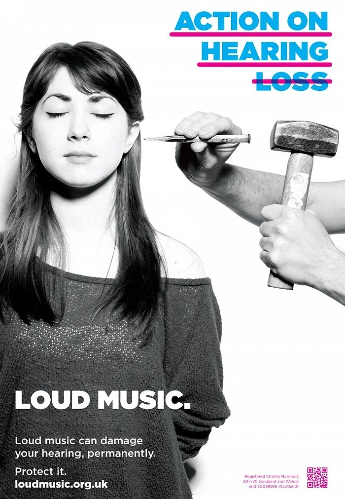 Hearing Aids creative ad: Hammer and chisel on ear, loud music