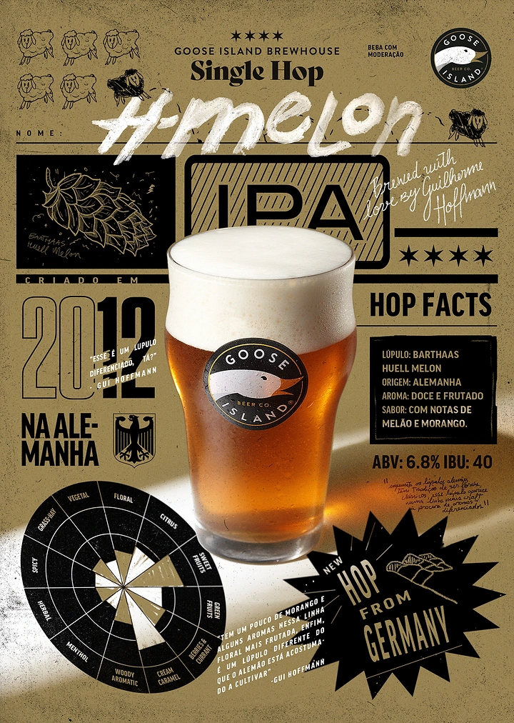 Creative ad: Foamy pint of amber IPA with a round brewery logo