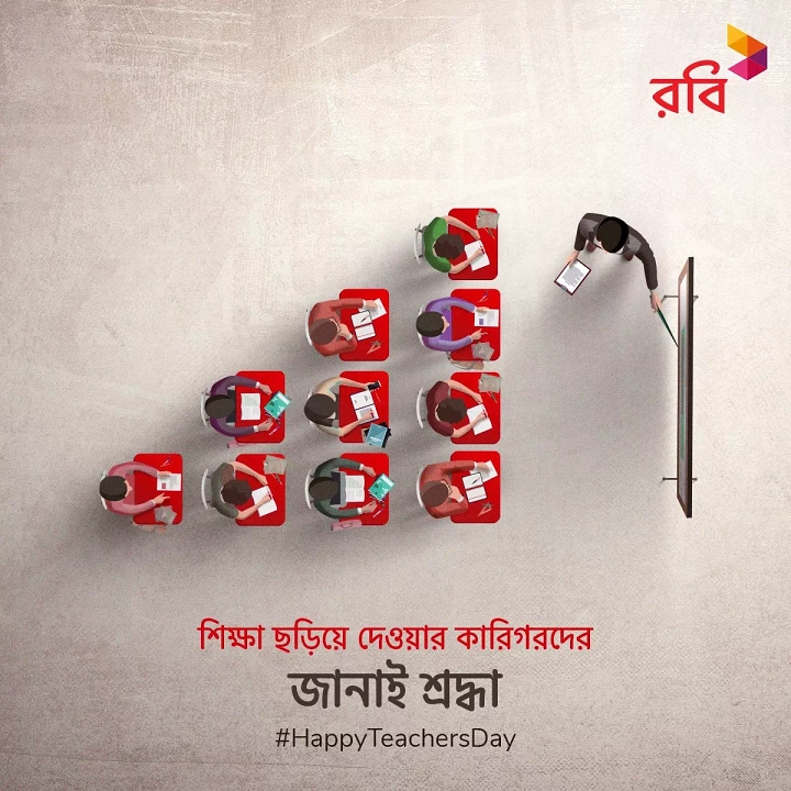 Teachers Day creative ad: Top-down classroom with desks arranged as a rising bar chart