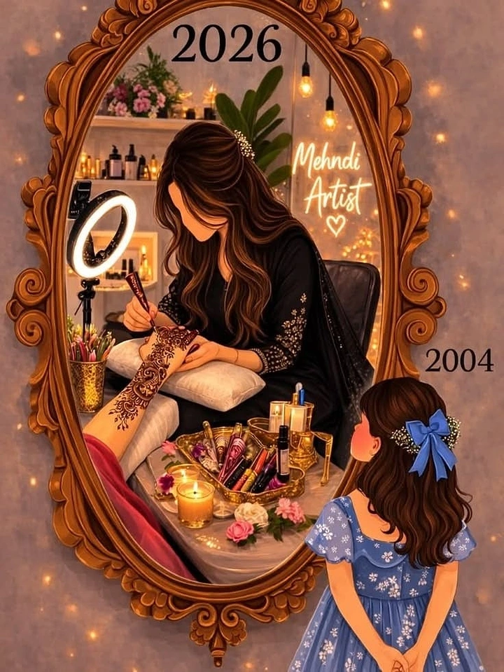 Mehndi & Henna Artists creative ad: Young girl looking into ornate mirror reflecting her grown-up self as a mehndi artist