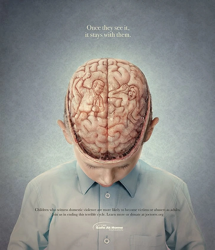 Nonprofit & Social Cause creative ad: Boy with head bowed, open skull showing brain folds shaped into a violent couple