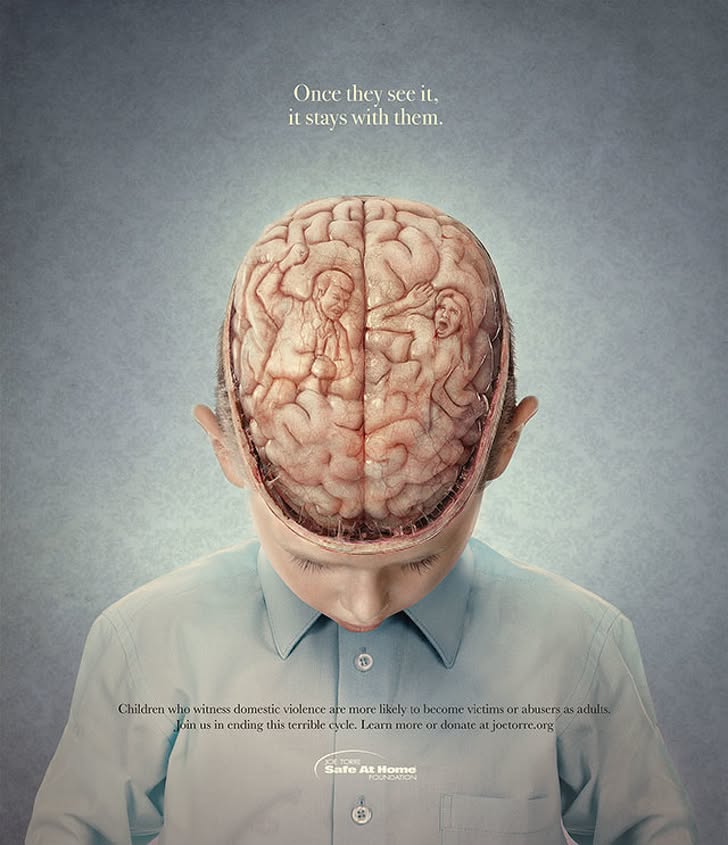 Poster: Boy with head bowed, open skull showing brain folds shaped into a violent couple