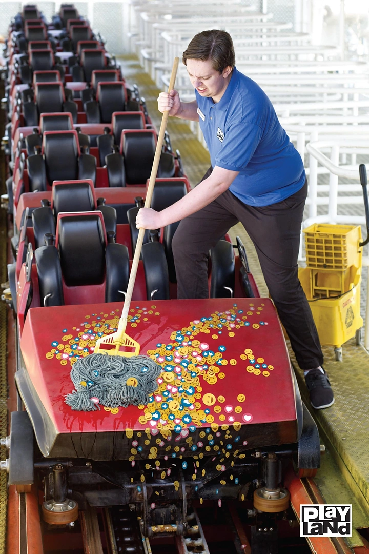 Amusement & Water Parks creative ad: Mopping coins lost on coaster, witty