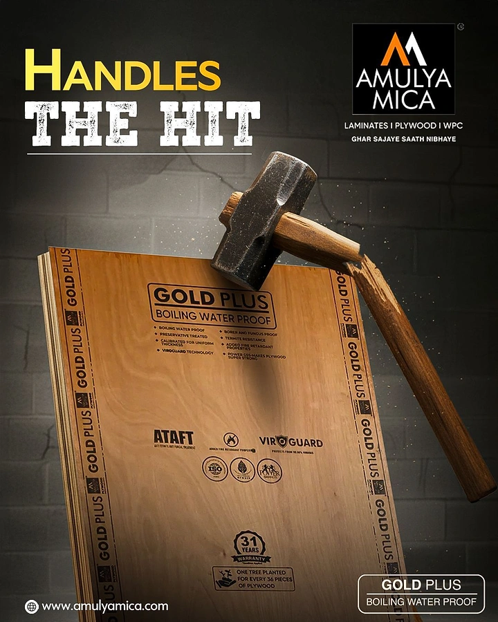 Carpenters & Woodwork creative ad: Hammer strikes plywood: 'handles the hit' pun