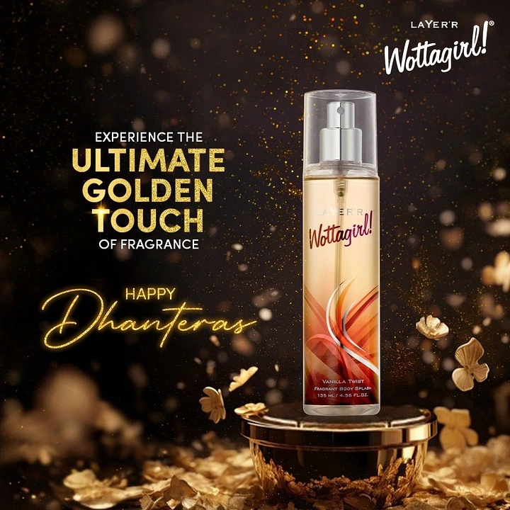 Dhanteras creative ad: A tall golden body-splash bottle elevated on a reflective black-and-gold pedestal