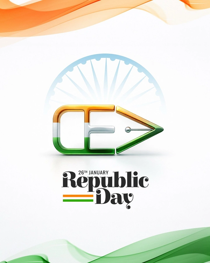Republic Day creative ad: Glossy 3D tricolour monogram logo shaped like a pen nib