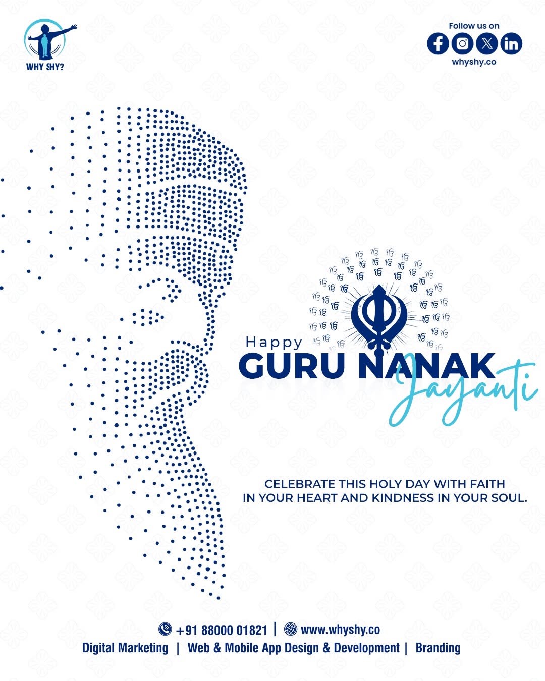 Dotted halftone profile of Guru Nanak with khanda emblem