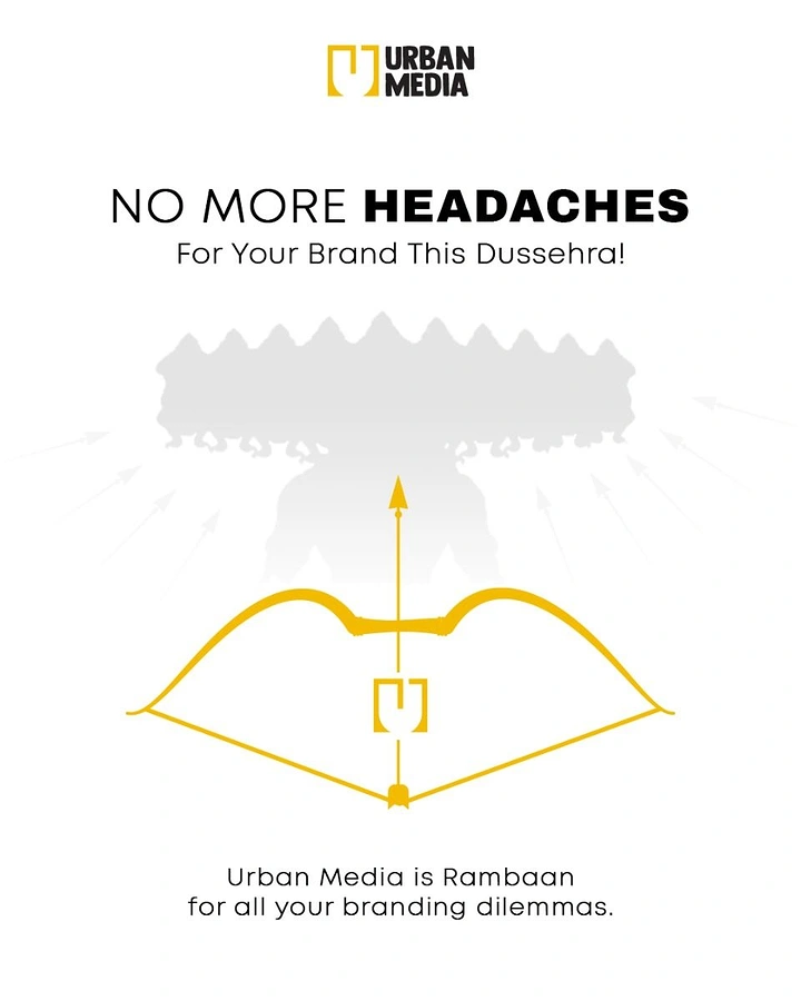 Dussehra creative ad: Yellow bow and arrow aimed at a grey ten-headed Ravana silhouette