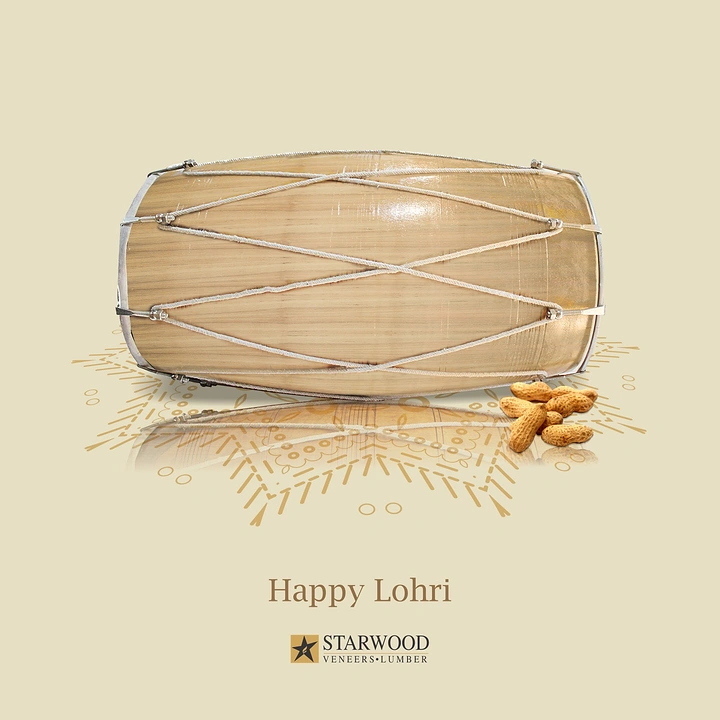 Lohri creative ad: Photoreal light-wood dhol lying on its side
