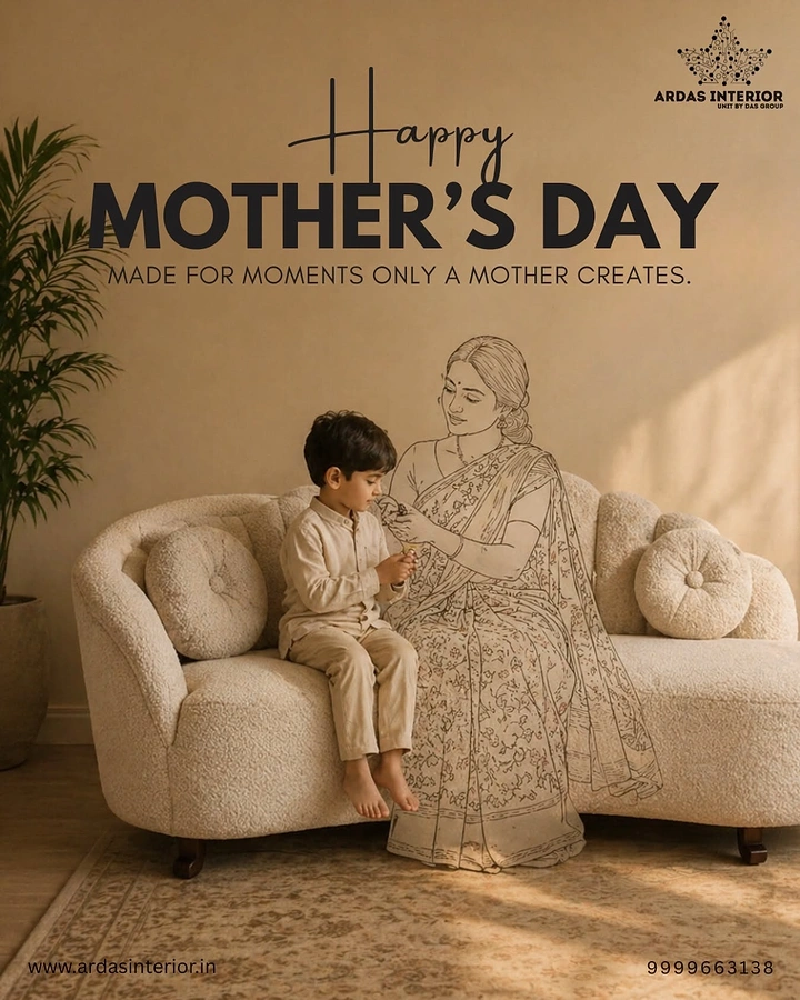 Mother's Day creative ad: Boy on a boucle sofa beside a line-drawn mother in a saree