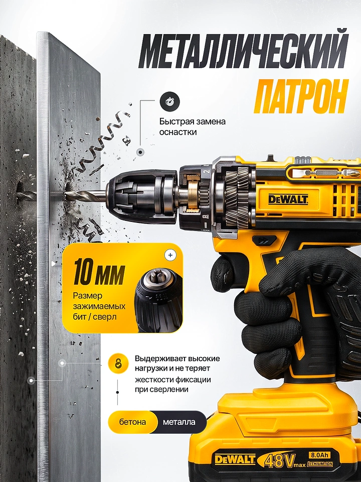 Power Tools creative ad: Metal-chuck durability shown through material metaphor