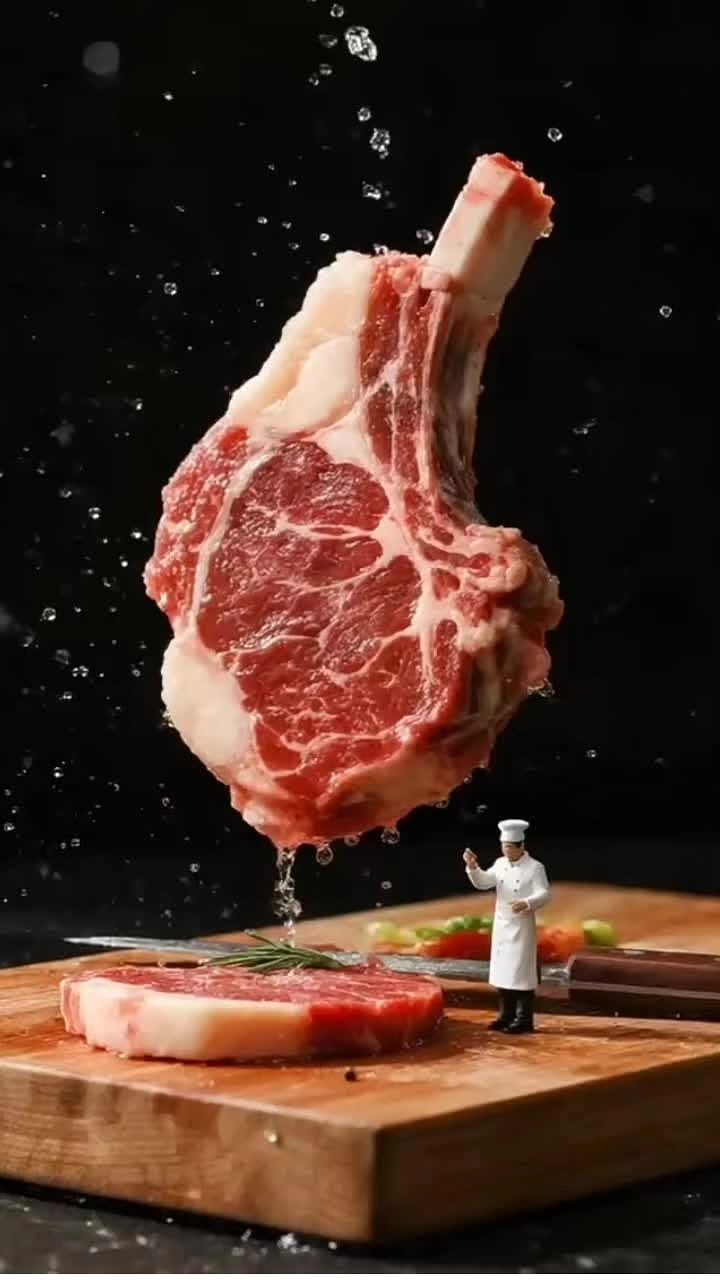 Meat & Seafood Shops creative ad: Floating bone-in ribeye with miniature chef
