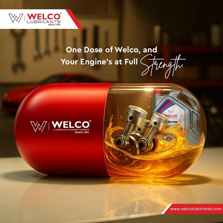Auto Parts & Car Accessories creative ad: Giant red-and-clear capsule holding pistons, swirling oil and an oil can