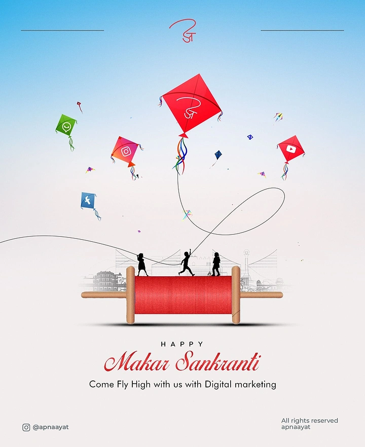 Makar Sankranti creative ad: Red kite spool with child silhouettes and social-media icon kites