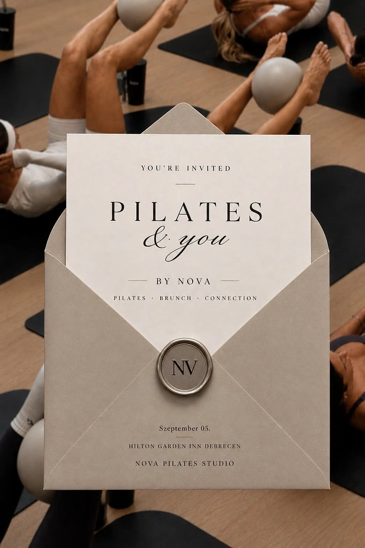 Pilates Studios creative ad: Greige envelope with card and wax seal over overhead pilates class