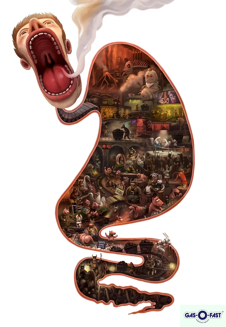 Healthcare creative ad: Stomach and gut cutaway packed with a rowdy miniature world