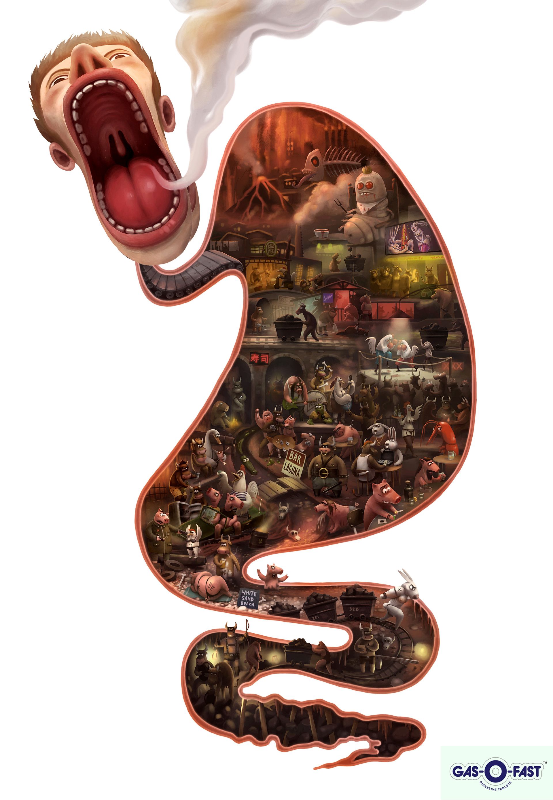 Poster: Stomach and gut cutaway packed with a rowdy miniature world