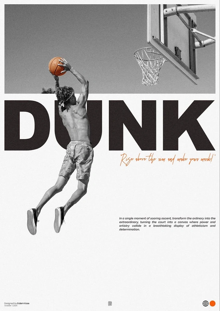 Sports Goods Stores creative ad: Monochrome basketball player leaping for a dunk with an orange ball
