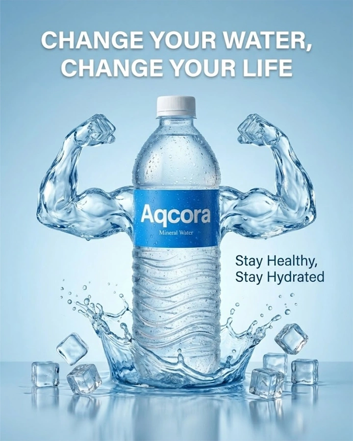 Packaged Drinking Water creative ad: Water bottle flexing arms made of water