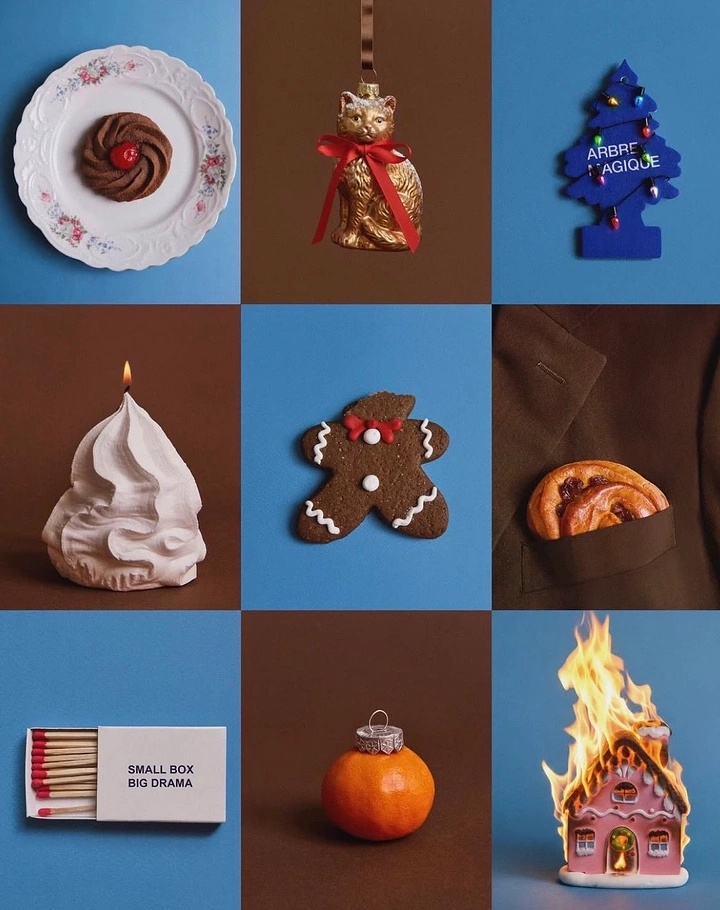 Christmas creative ad: 3x3 grid of quirky Christmas still-life objects