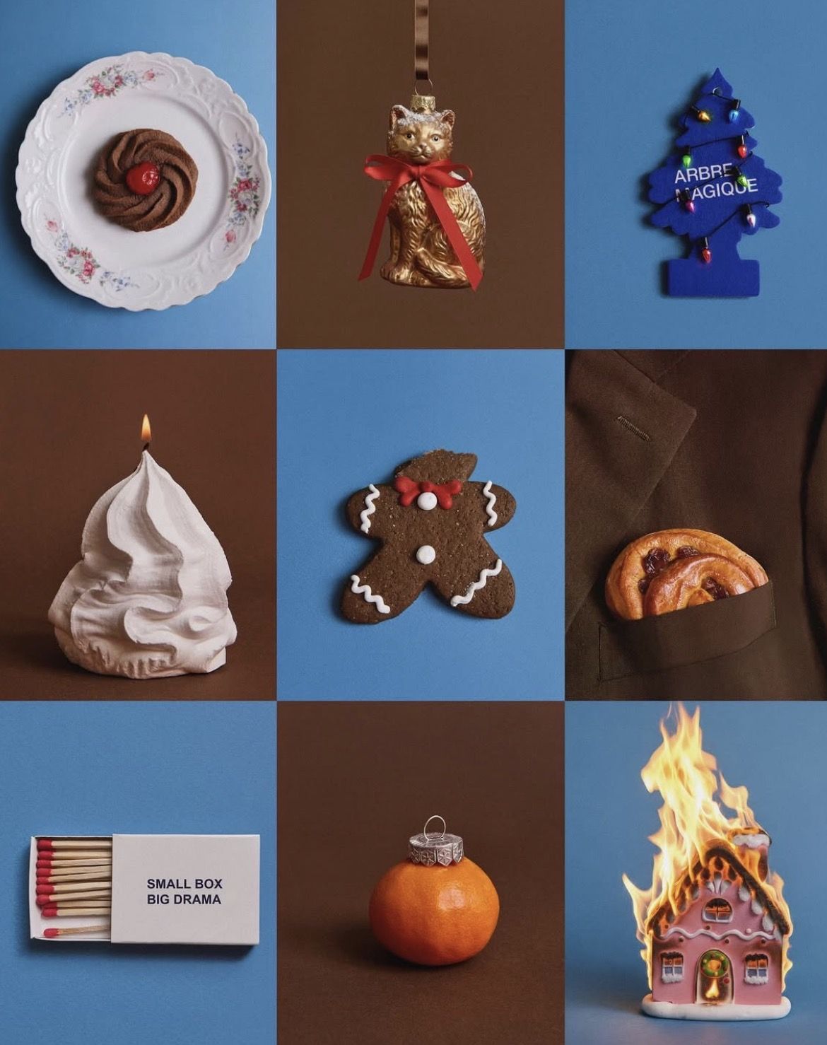 Christmas Instagram post: 3x3 grid of quirky Christmas still-life objects