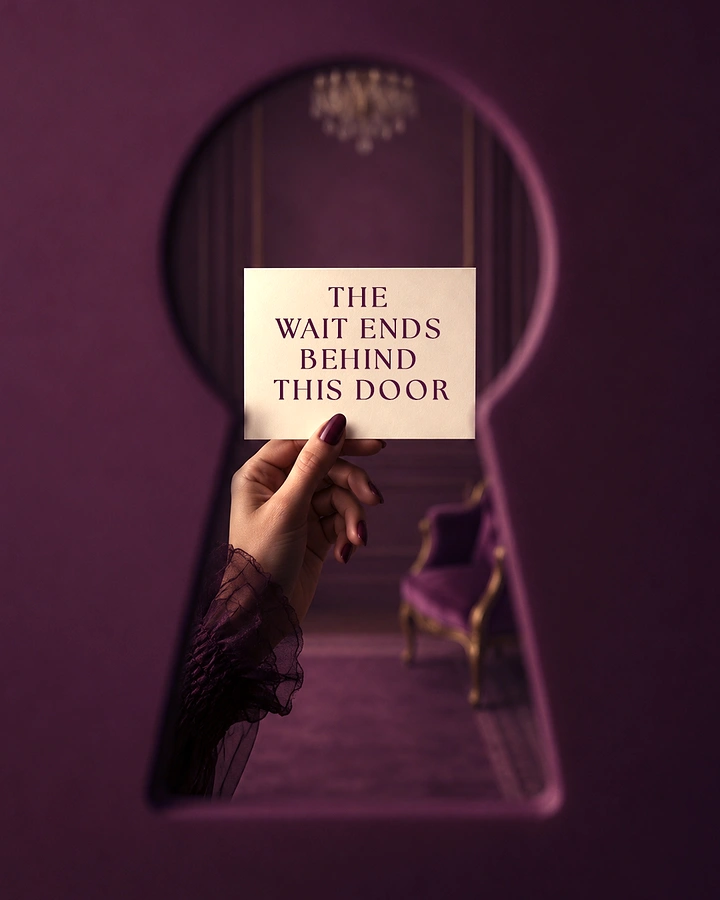 Banquet Halls & Venues creative ad: Keyhole reveal teaser, 'wait ends behind door'