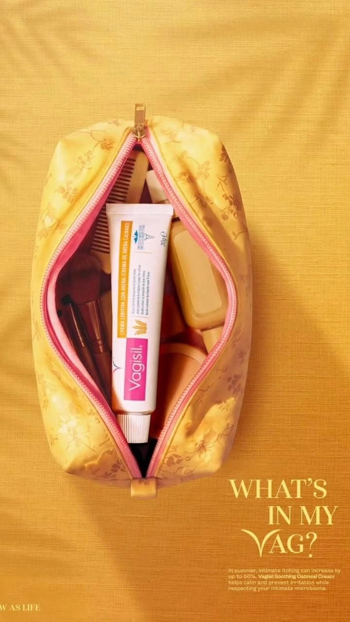 Period Care & Feminine Hygiene creative ad: Open bag frames everyday product utility
