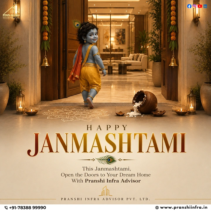 Janmashtami creative ad: Baby Krishna walking through an open door into a luxury home