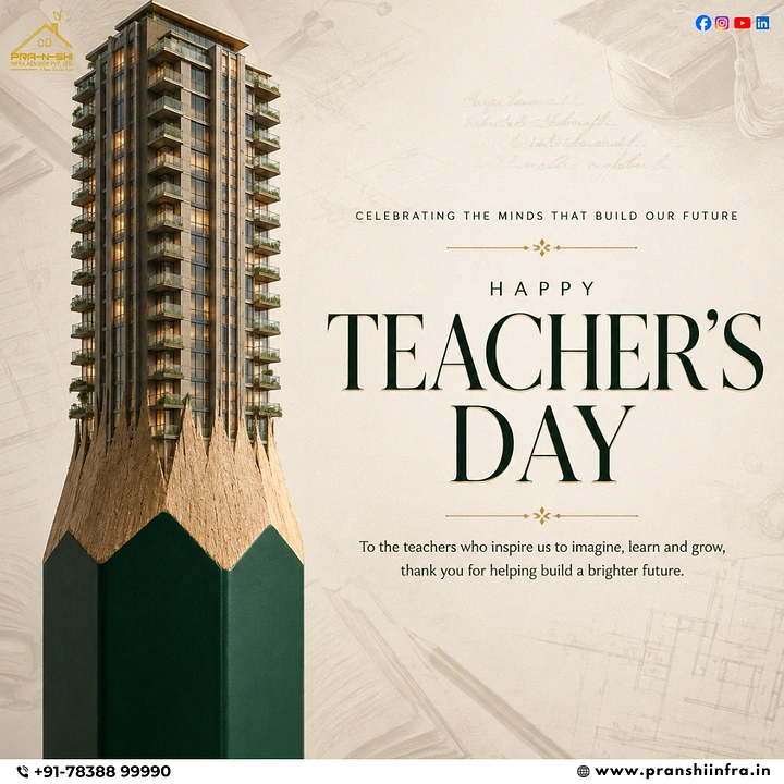 Teachers Day creative ad: Sharpened green pencil whose tip becomes a high-rise tower